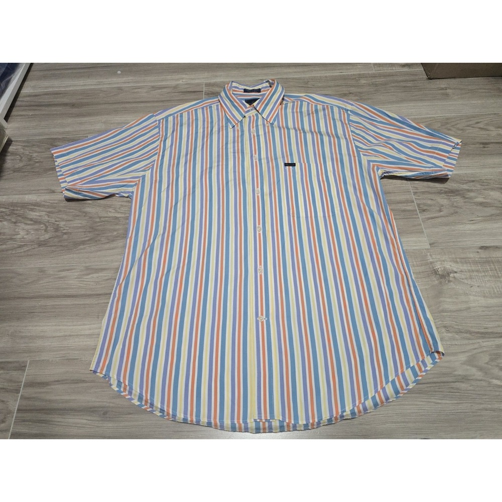 Faconnable Mens Button Front Short Sleeve Cotton Stripe Shirt Large